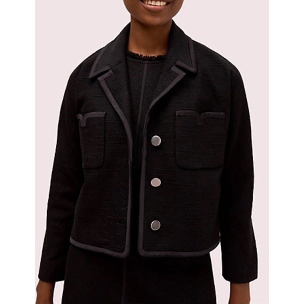 Kate Spade Tweed Jacket Black Patch Chest Pockets Satin Trim Women's Size 6
